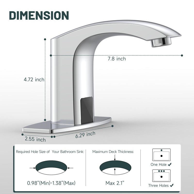 Green Spring Greenspring Touchless Bathroom Sink Faucet, Automatic Sensor Faucet, Hands Free Vanity Faucets, Commercial Deck Mount Bathroom Faucet with Cover Plate, Chrome - Image 2